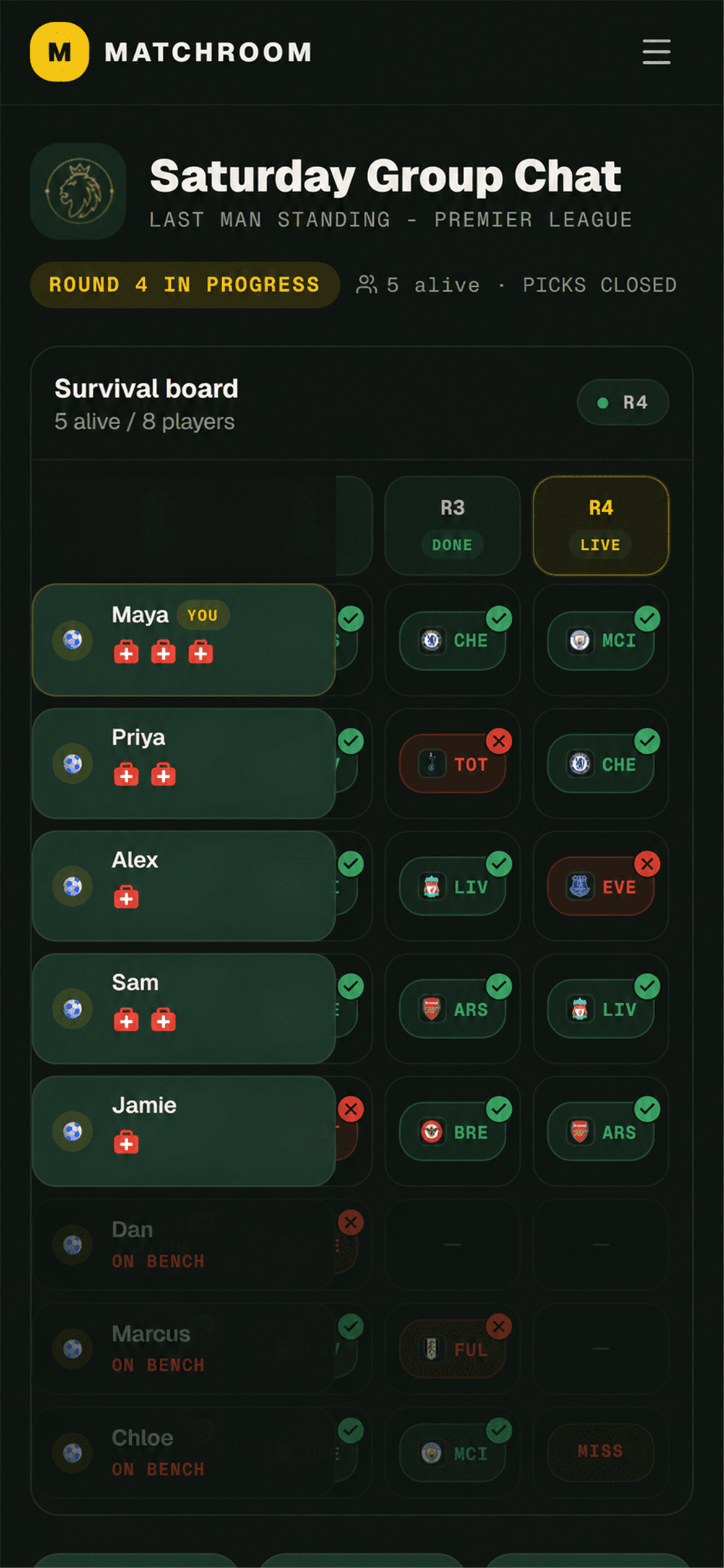Matchroom Last Man Standing survival table on a phone